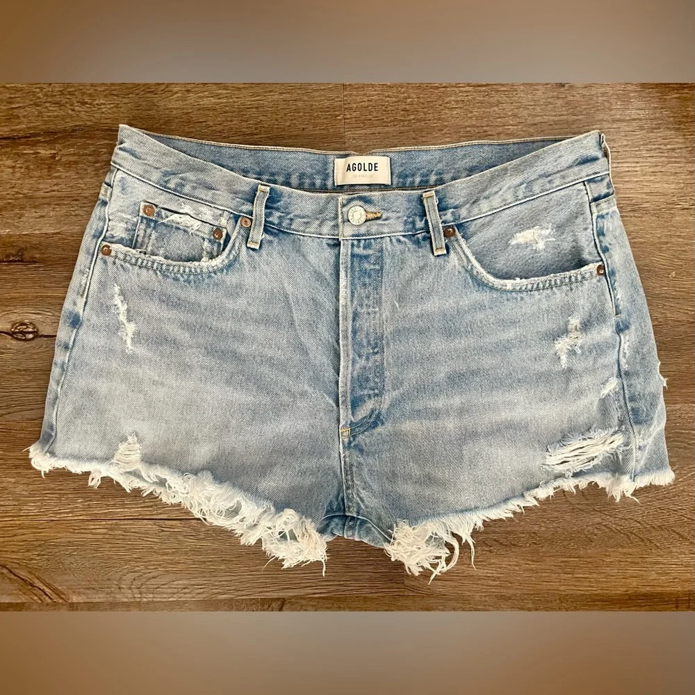 Agolde Shorts Women's 32 Blue Distressed Daisy Dukes Jorts Jean Denim Boho - Picture 2 of 7